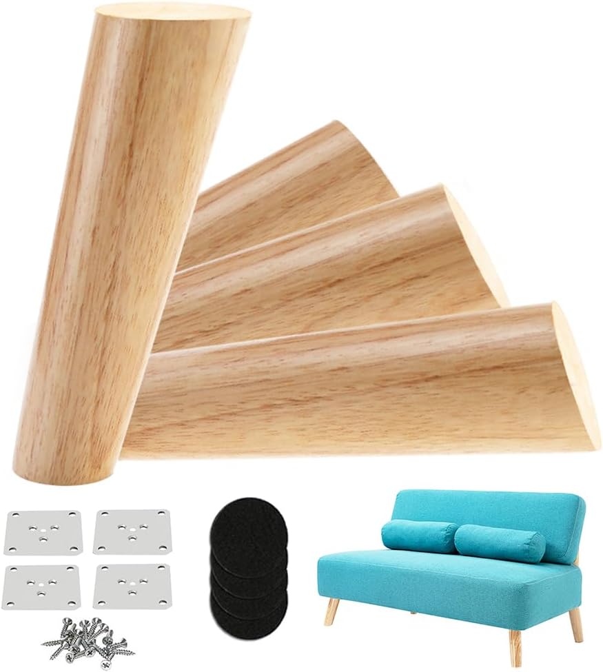 LBW Solid Wood Furniture Legs Round Couch Legs, 6 Inch No Slip Replacement Feet for Sofa, Bed, Armchair, Cabinet, Coffee Table with Mounting Plate Set of 4, Original Wood Color