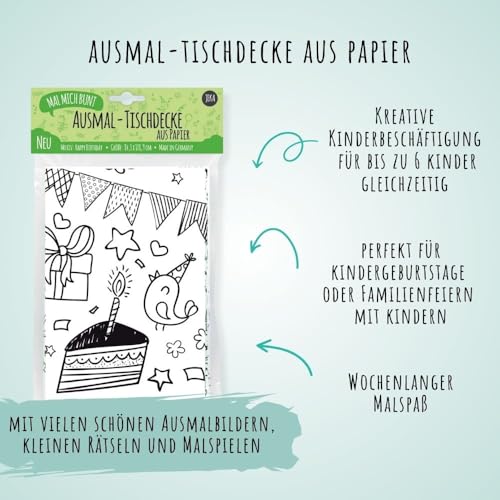 Papier-Tischdecke zum Ausmalen, Motiv Happy Birthday, Tischdecke für Kindergeburtstag mit vielen Ausmalbilder, Kindergeburtstag Deko, Mal Mich Bunt