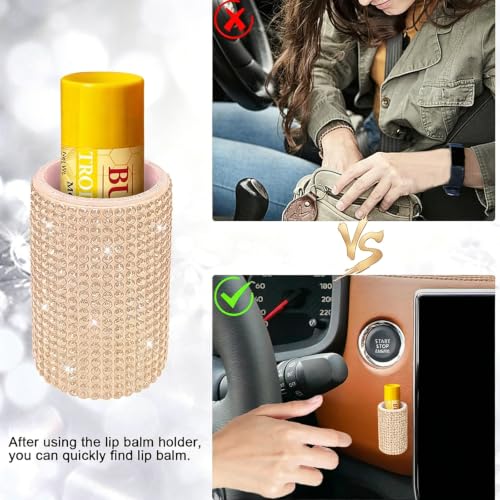 Image of Upright Car Chapstick Holder, Bling Insulating Lip Balm Holder,Rhinestone Car Accessories for Women Interior ,Suitable for Most Vehicles. (Champagne Gold)