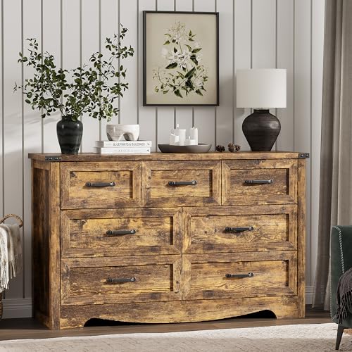 Image of Dresser for Bedroom with 7 Drawers, 48 inch Wide Wood Chest of Drawers with Deep Drawers & Mental Handle, Modern Dresser TV Stand, Wooden Closet Storage Organizer for Living Room, Hallway, Entryway, Brown