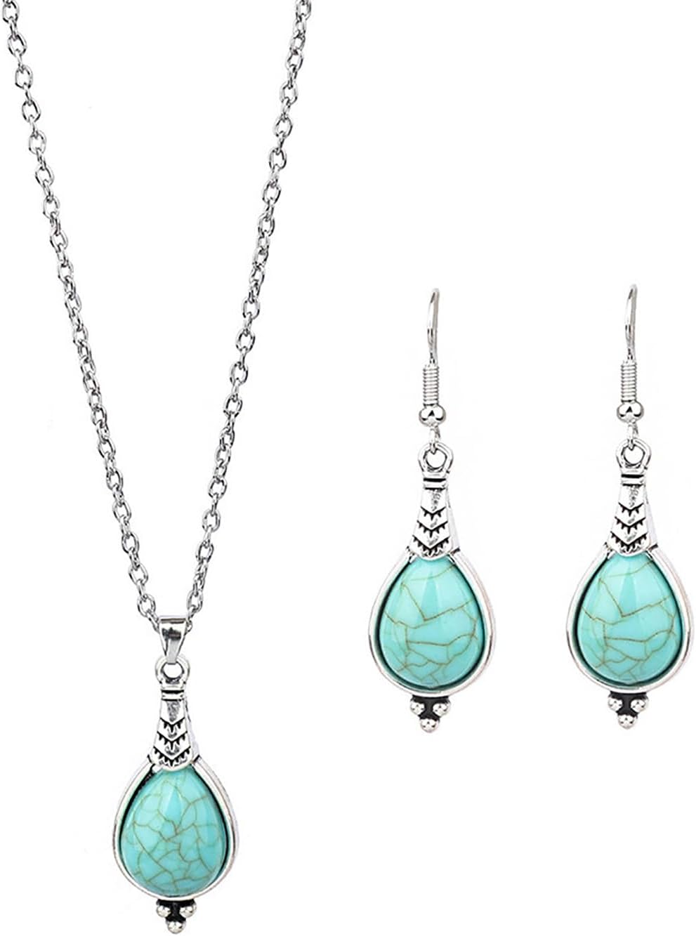 Turquoise Necklace Earrings Sets Bohemian Gemstone Pendant Necklace Chain for Women Vintage Water-Drop Western Costume Jewelry
