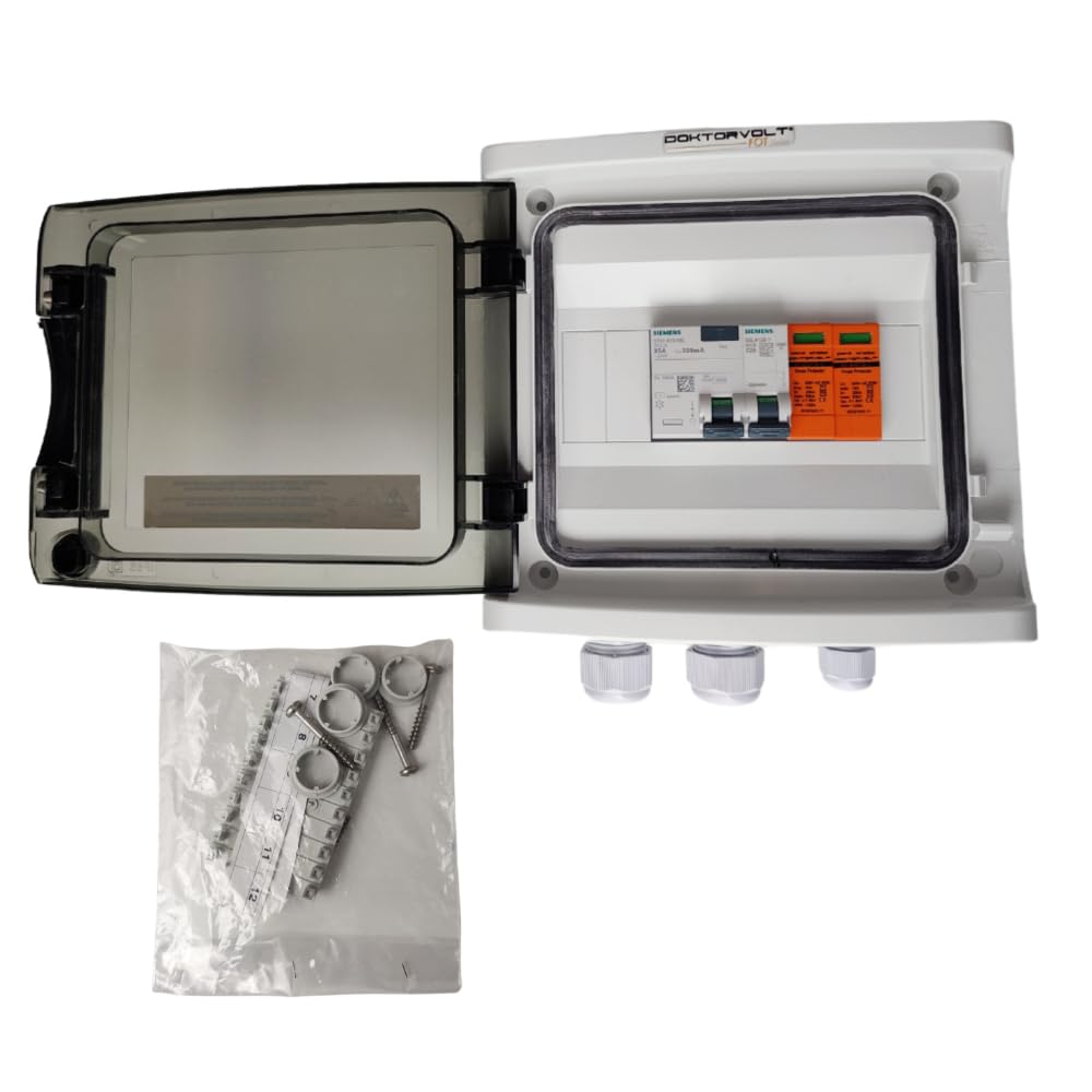 Doktorvolt Scatola di collegamento solare AC IP65 con interruttore SIEMENS LS 1P C20A, FI 25A 300mA e protezione T1/T2 PV 1000V