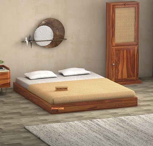 Image of SUNCOM Sheesham Wood Low Height Queen Size Bed Without Storage Wooden Double Bed Cot Palang for Bedroom Living Room Furniture (Honey Finish)