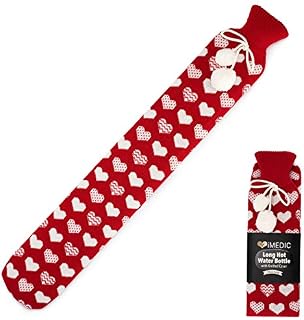 iMedic 2L Extra Long Hot Water Bottle Covered with Luxury Cover Made from Super Soft Fleece or Comfy Knit - Long Hot Water Bottle with Cover UK - Large Hot Water Bottle - Knitted Hearts (Red)