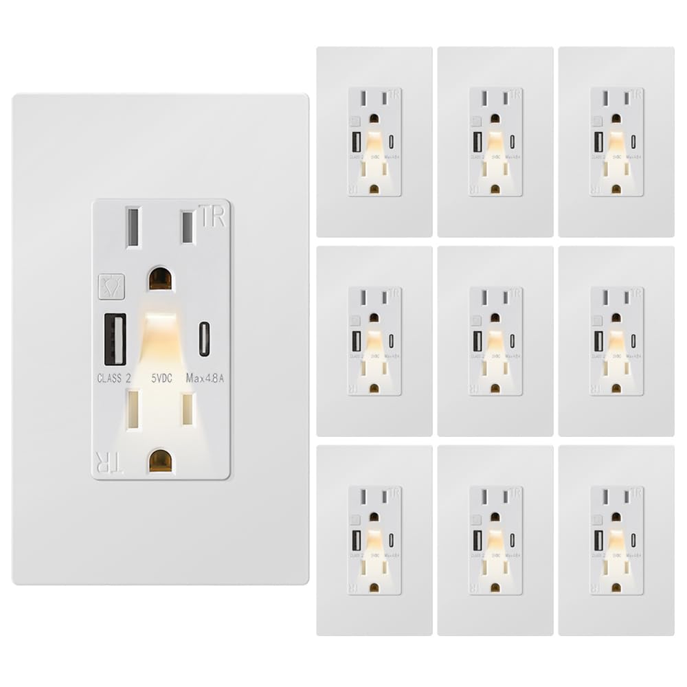 New Generation USB Outlet with LED Night Light (Manual), 5V 4.8A Tamper-Resistant USB Wall Outlets Receptacles with Type A & Type C Ports, Wallplate Included, ETL Listed, White (10 Pack)