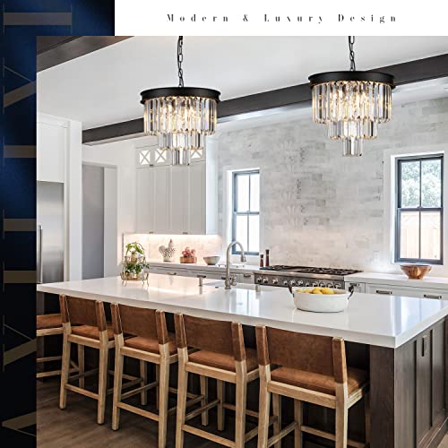 Image of Small Black Crystal Chandelier 16 inch Modern Dining Room Pendant Light island