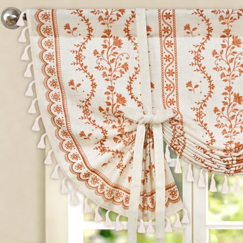 Image of Yinhua Boho Tie Up Curtains for Windows Vintage Linen Valance Light Filtering Floral Valance Rod Pocket Rustic Adjustable Tassel Window Valances for Bathroom, 42 inch W X 45 inch L, White Orange