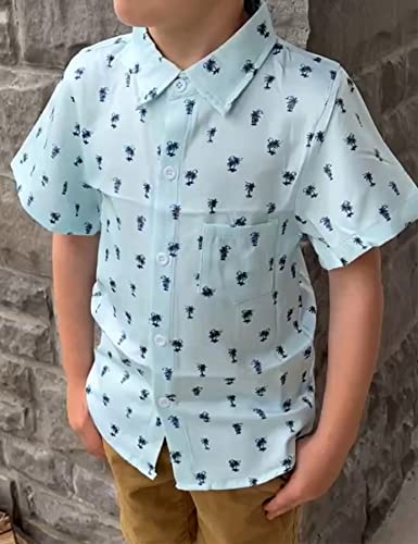 Toddler Kids Button Down Shirts Boys Hawaiian Shirt Palm Coconut Tree Print Light Blue Tops Size 3T 4T Little Child Beachwear #TOP2