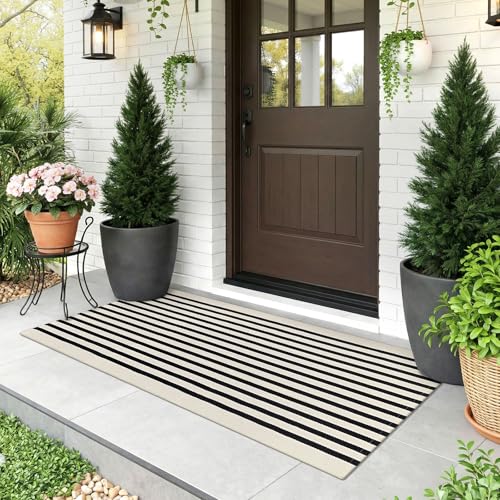 KOZYFLY Beige and Black Striped Runner Rug 2x4.3 ft Cotton Woven Washable Indoor Outdoor Doormat Small Front Door Rug for Entryway Porch Kitchen Hallway Patio Laundry Room