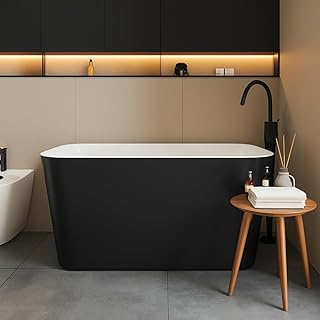 49 Inch Acrylic Freestanding Bathtub, Soaking Bathtub with Matte Drain and Overflow, cUPC Certified, Modern Square Tub with Deep Ergonomic Design and Double-Walled Insulation for Bathroom Use, Black