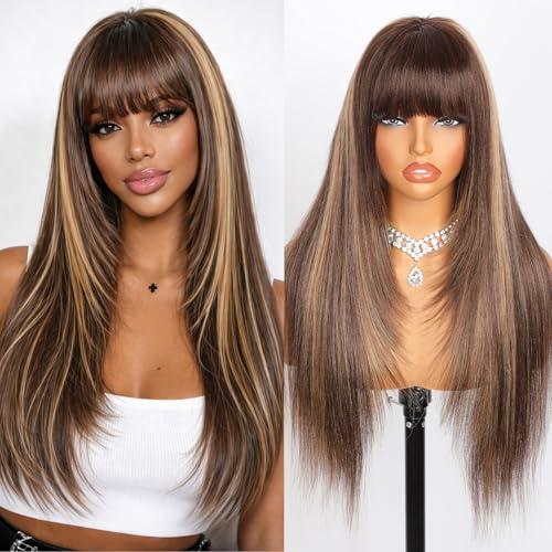 Balayage Highlight 2/27 Straight Layered Cut Face-Farming Bang Wig Human