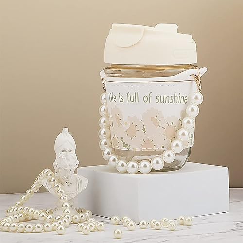 Unimoety Glass Coffee Cup With Lip And Straw, Travel Mug With Pearl Handle And Nonslip Sleeve,Leak Proof Tea Tumbler For Hot & Cold Drink, Reusable On Go Cup, 12 Oz #TOP3