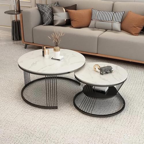 Image of Brown Art SHOPPEE Round Coffee Table Home Decor Furniture Coffee Table Sets,2 Piece MDF Top,Stacking Nesting Table with Iron Frame for Living Room Living Room or Lounge (Black & White)