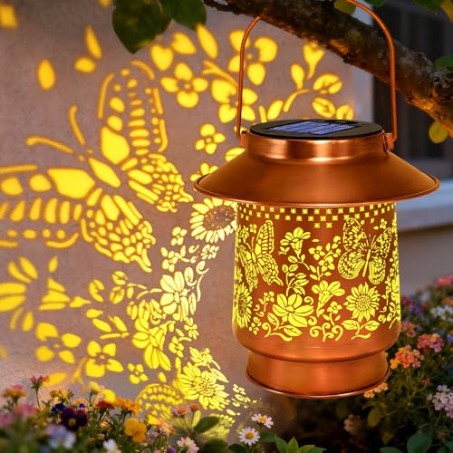 Butterfly Solar Lanterns Outdoor Garden Decor, Butterfly Gifts for Women Mom Grandma Birthday Hanging Metal Solar Lights Waterproof Decoration for Garden Yard Lawn Patio