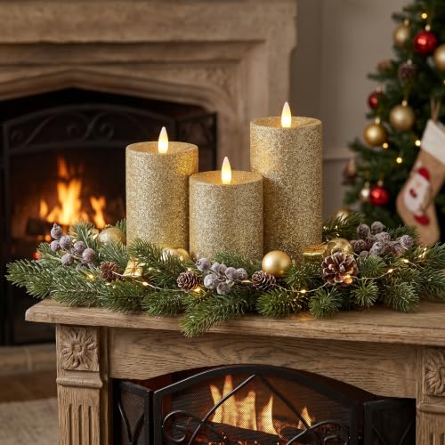 Image of Flameless Pillar Candles Flickering with Remote Timer, Battery Operated LED Candles Up to 400 Hours, 3D Moving Flame Real Wax Candles. (Glitter Gold)