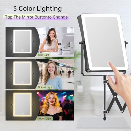 Famihomii 5000mAh Wiederaufladbar Kosmetikspiegel mit LED Beleuchtetung, 8,7 Zoll beidseitig 1X/30X Vergrößerung kosmetikspiegel wandmontage,3 Farbtemperaturen, Dimmbarer,360° Schwenkbar (Schwarz) 5