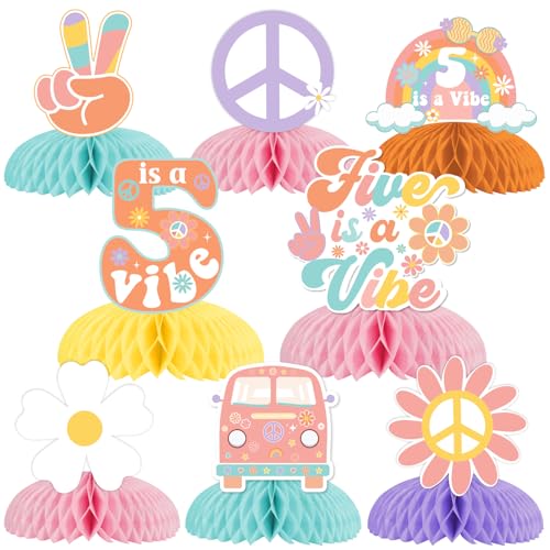 Fangleland 8 Pieces Five Is A Vibe Honeycomb Centerpieces, Boho Girl’s 5th Birthday Party Decorations, Daisy Flower Retro 60s 70s Hippie Theme Table Toppers Decors Party Supplies