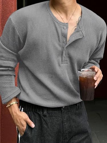 Image of Men's Textured Fabric Solid Color Basic Half-Open Collar T-Shirt, Fall Long Sleeve Men Shirt | Tshirt for Men