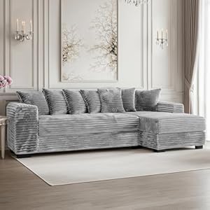 smilesun Luxe Oversized L Shaped Sofa with Chaise，Comfy Faux Fur Plush L Shaped Sectional Couches with 8 Pillows，Soft Fluffy Upholstered Sofa Bed for Living Room Apartment Bedroom (Grey)