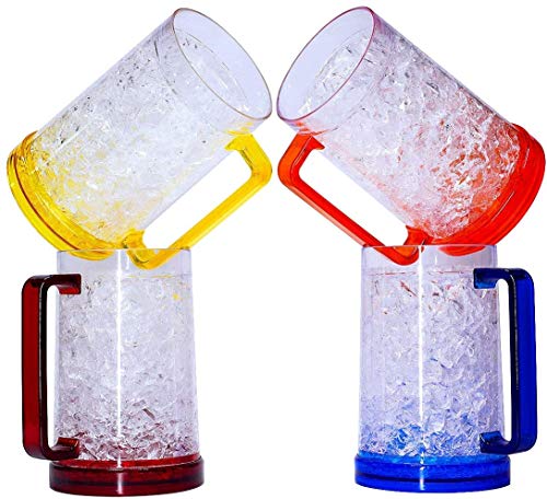 Drinking Glasses Cups, Double Wall Gel Freezer Beer Mugs, Freezer Ice Mugs Cups, 16Oz, Plastic Cooling Beer Mug Clear Set Of 4 (Red, Green, Blue, Orange) #TOP4