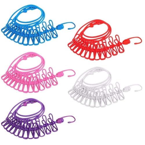 Image of JEBISON Cloth Drying Rope with Hook Cloth Hanging Rope with Clips 12 Pcs 1.8 Meter Stretchable Durable Clothesline for Travel- (Pack of(3))