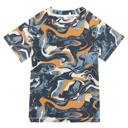 ALAZA Boys Swim Shirt Short Sleeve Rash Guard for Boys Girls UPF 50+ Marble Abstract 9-10T