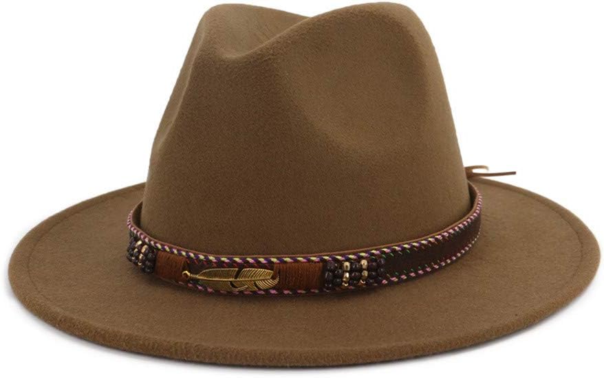 HUDANHUWEI Men Women Ethnic Felt Fedora Hat Wide Brim Panama Hats with Band
