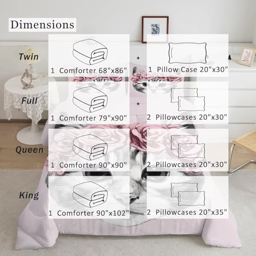 Image of Pink Rose Cat Comforter Set Queen Size Cute Floral Animal Bedding Sets for Kids Adults Boys Girls Bedroom Aesthetic Kawaii 3Pcs Quilt 1 Comforter 2 Pillowcases