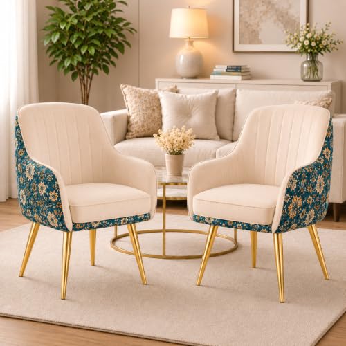 Image of Set of 2 Accent Chair for Living Room | Modern Armchair in Soft Velvet Fabric with Sturdy Legs | Premium Chair for Home Living Room Bedroom Restaurent | (Gold Legs, White Floral)