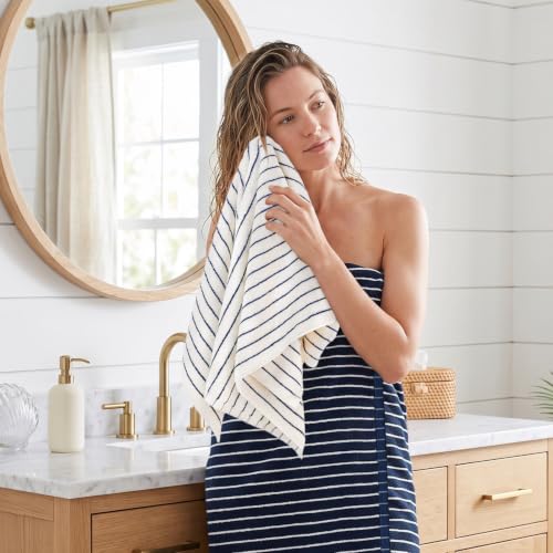 Image of Navy Blue Bath Towels Set of 2, Striped Towels for Bathroom, Pool & Shower