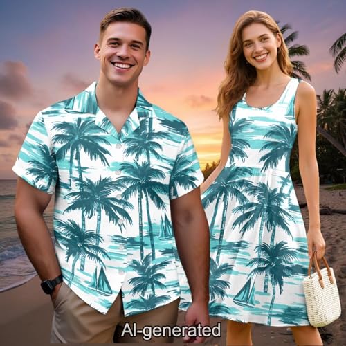 Image of Dreaweet Summer Dresses for Women A-Line Sleeveless Flowy Sun Dresses,Men's Casual Button-Down Shirts,Couple Matching Outfits