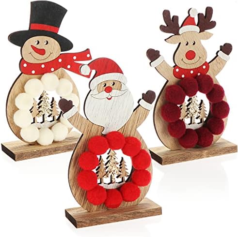 com-four® 3X Supporto in Legno per Natale – Renne, Babbo Natale e Pupazzo di Neve in Legno per Stare in Piedi – Figure Decorative in Legno Decorazioni Ornamentali (Trio – Rosso Scuro/Bianco/Rosso)