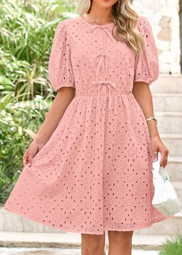 Image of KIRUNDO Eyelet Summer Dresses for Women 2025 Short Sleeve Tie Front Babydoll A Line Wedding Guest Beach Vacation Sundress