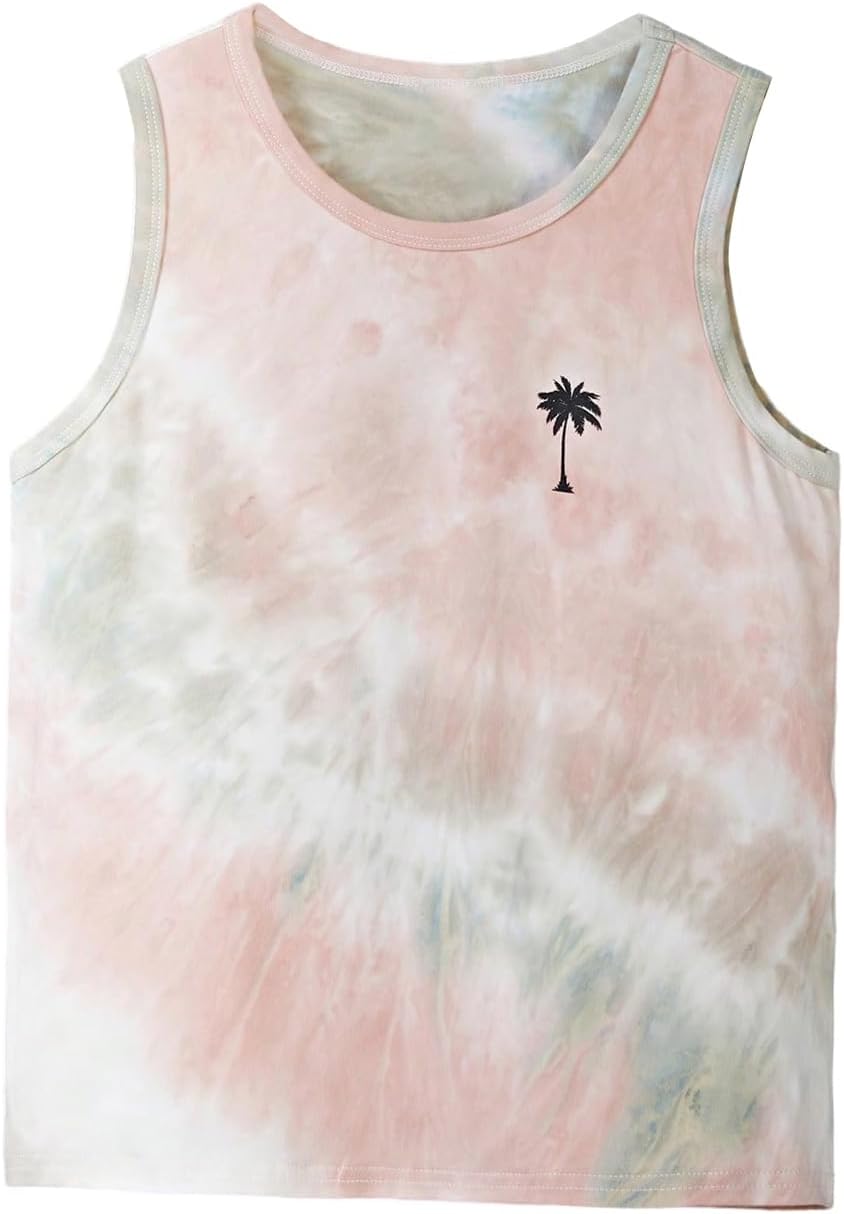 Floerns Boy's Tie Dye Sleeveless Tank Top Crewneck Hawaiian Tree Print Shirts