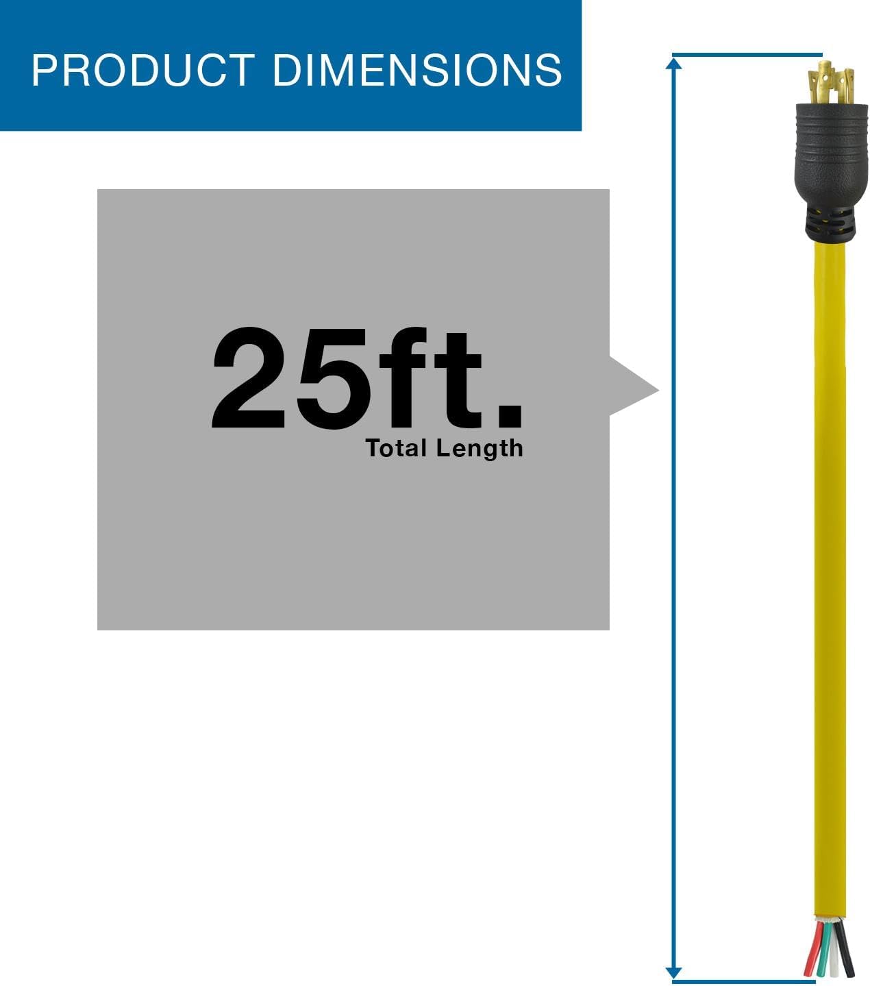 Conntek 25ft 20 Amp 125/250V NEMA L14-20 Power Supply Cord Roj Stripped End