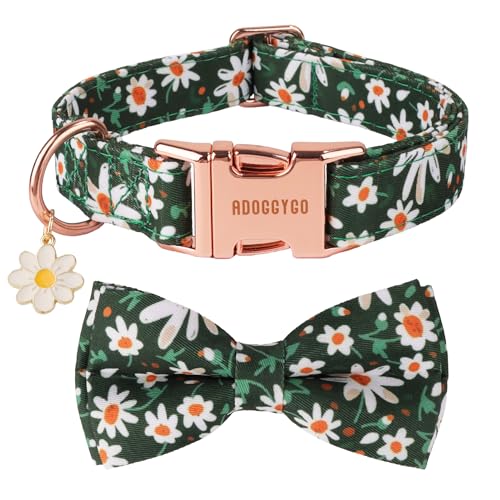 ADOGGYGO Floral Dog Collars with Bow, Detachable White Flower Bowtie, Metal Buckle, Adjustable Green Floral Collars for Medium Large Dogs Boy Girl (Large)