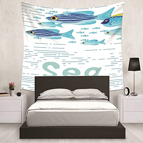 Tapiz de pared de poliéster azul lavable y resistente con estampado de peces 7