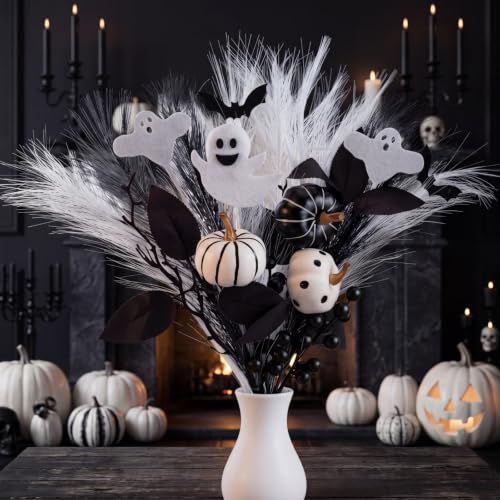 Zeyune Black Artificial Flowers 17 Halloween Floral Picks with Cute Ghost Pumpkin Halloween Vase Filler Gothic Flower Bouquet Black Branches Centerpiece for Bedroom Living Room Witchy Home Decor