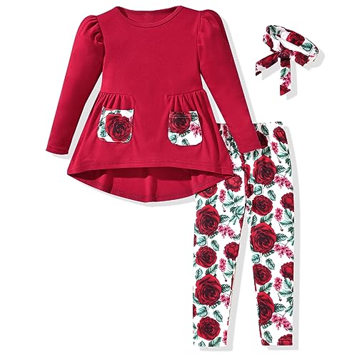 Image of Toddler Girls Long Sleeve Hi-Lo Tops Pant Outfit Fall Winter Clothes with Headband
