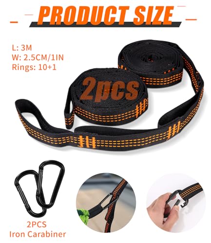 2er Pack Hängematte Befestigung, 3 m x 2,5 cm Hängematten Aufhängung, mit 10 Schlaufen, Hängematten Befestigung mit 2 Hakenkarabinern + Aufbewahrungstasche, Schaukel Befestigung für Camping max 300 kg