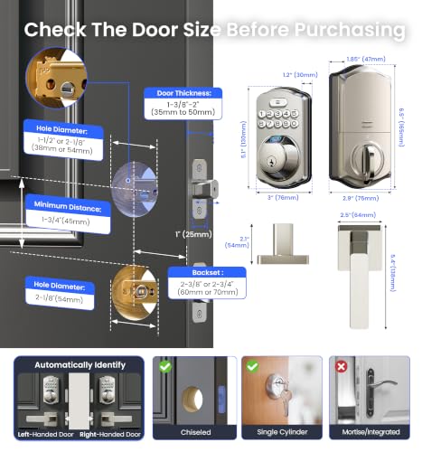 Image of Veise VE012W-L WiFi Fingerprint Deadbolt Lock with Handle Set, Satin Nickel