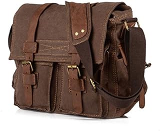 BW Vintage Military Men Canvas Messenger Bag - 14.5 inch Mens Vintage Casual Canvas Messenger Bag Men's Military Leather Canvas Travel Briefcase Crossbody Satchel Shoulder School Bag for Notebook Laptop (Brown)