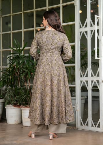 Image of Floral Foil Printed Cotton Anarkali Kurta With Palazzo Set V-Neck, Full Sleeve