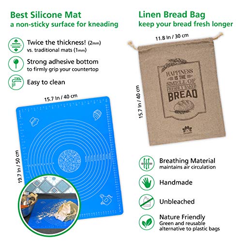 Homeadow Bread Baking Kit- 13 Pcs- A Great Gift: Banneton Bread Proofing Basket (Round 9” + Oval 10”), 2 Liners, Lame, Bench And Dough Scrapers, Stencils, Silicone Baking Mat, Bread Bag, Pastry Basting Brush, Cleaning Brush, Measuring Spoons | Sourdough Starter Kit #TOP4