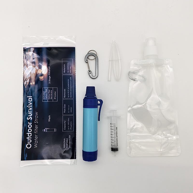 Water Filter Straw Purifier Hiking Adventure Camping Water Filter Straw with Built-in Bladder Carabiner, Portable Purifier Straw 1500 Liters Capacity Outdoor Survival Water Purification Kit
