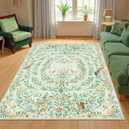 Image of Machine Washable 5x7 Area Rugs for Living Room, Non Slip Soft Low Pile Unicorn Floral Farmhouse Moroccan Vintage Animal Playroom Girls Rugs for Bedroom, Carpet Rugs for Nurseries(Sage Green,5'x7')