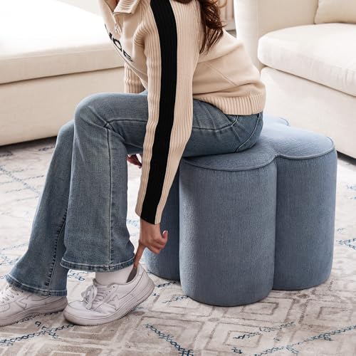Image of Zesthouse Flower Pouf Ottoman Foot Rest, Linen Fabric Poofy Ottoman Stool | Large Ottoman Footstool for Couch, Modern Living Room Stool Seat, Cute Square Vanity Stool for Bedroom, Blue Dorm Foot Stool