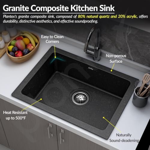 Image of Plantex Undermount Sink For Kitchen /Quartz Acrylic Kitchen Sink With 10 Years Warranty /Metalic Single Bowl Kitchen Sinks With Coupling (Siapan-24X18 Inches, Metallic, Black)