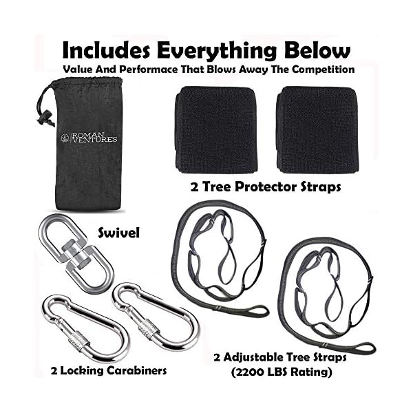 Roman Ventures Tree Swing Hanging Kit with Extra Long Adjustable Swing Straps and 2 Tree Protectors with 2 Locking Carabiners and Swivel for Swings, Hammocks & Tire Swings 5 feet Black Adjustable - Image 3