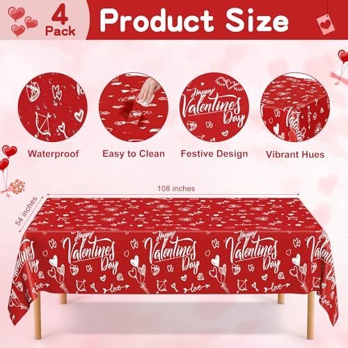 Image of QZYL 4 PCS Valentines Plastic Tablecloths, 54 inch X 108 inch Love Heart-Shaped Tablecloths, Disposable Red Valentines Decorations, Rectangle Romantic Galentines Party Favors for Wedding Anniversary Supplies